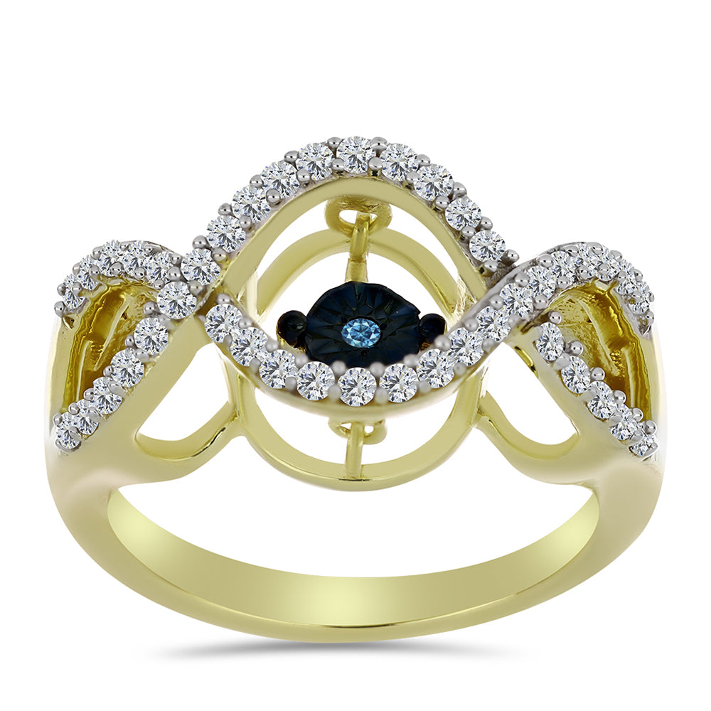 Anillo de Plata Bañada en Oro con Diamante azul danzante y Topacio Blanco 3 