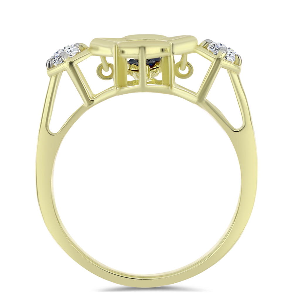 Anillo de Plata Bañada en Oro con Diamante azul danzante y Topacio Blanco 2 