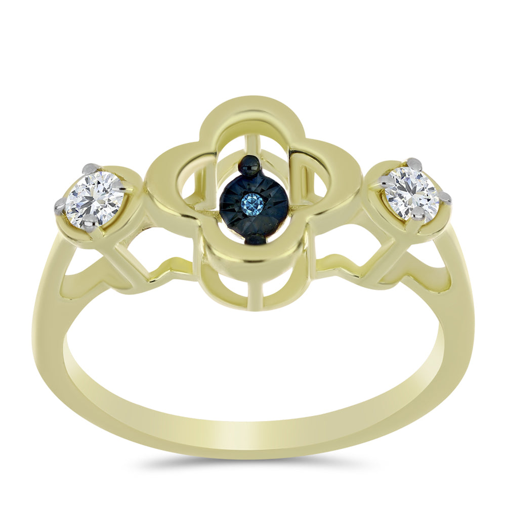 Anillo de Plata Bañada en Oro con Diamante azul danzante y Topacio Blanco 3 