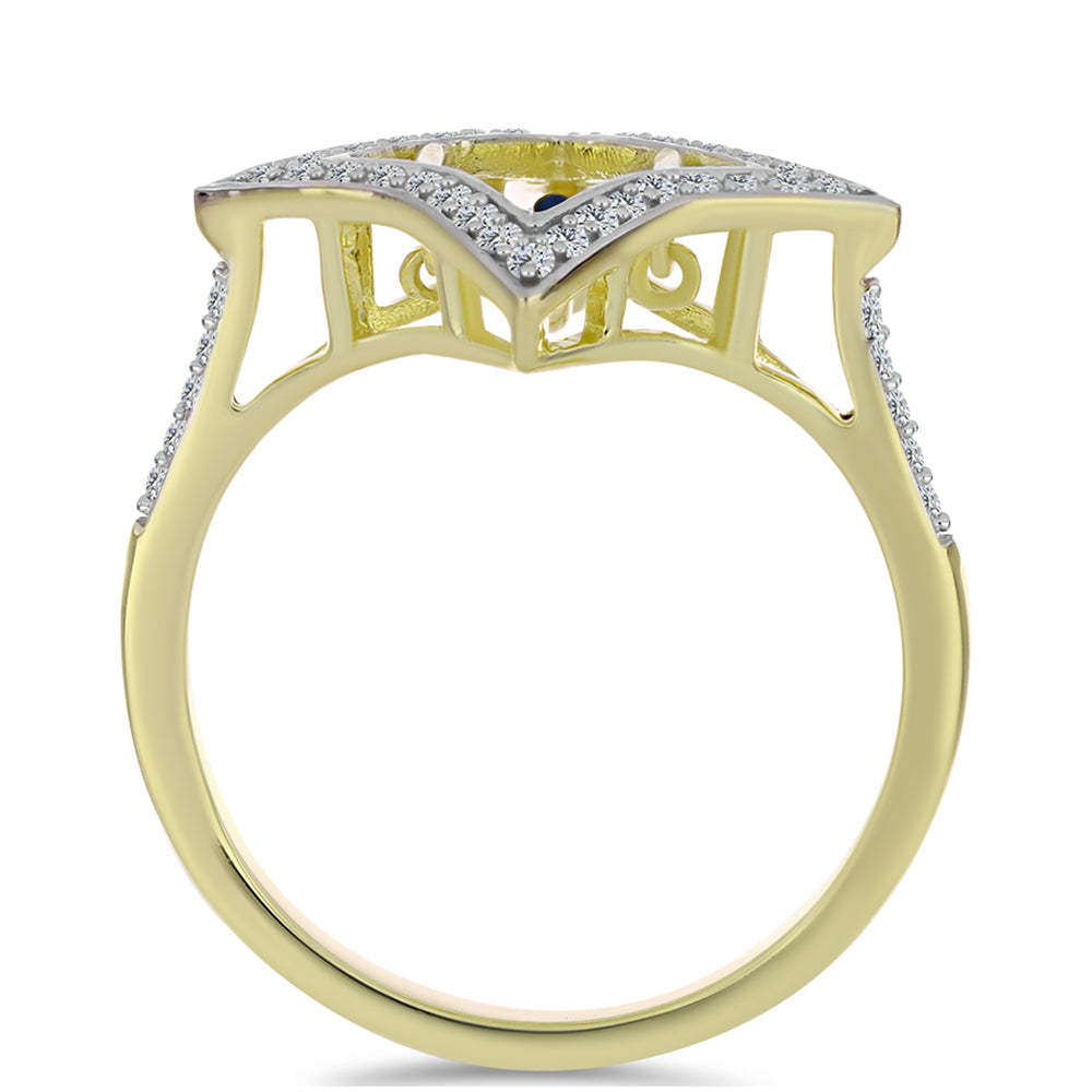 Anillo de Plata Bañada en Oro con Diamante azul danzante y Topacio Blanco 2 