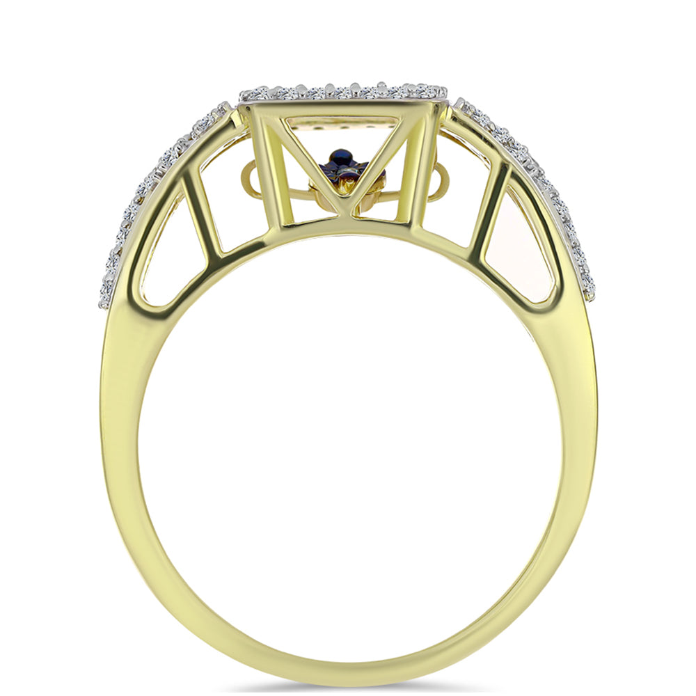 Anillo de Plata Bañada en Oro con Diamante azul danzante y Topacio Blanco 2 