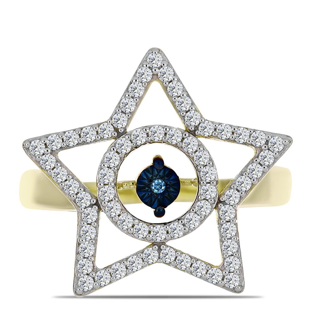 Anillo de Plata Bañada en Oro con Diamante azul danzante y Topacio Blanco