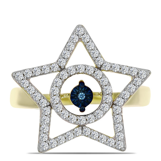 Anillo de Plata Bañada en Oro con Diamante azul danzante y Topacio Blanco