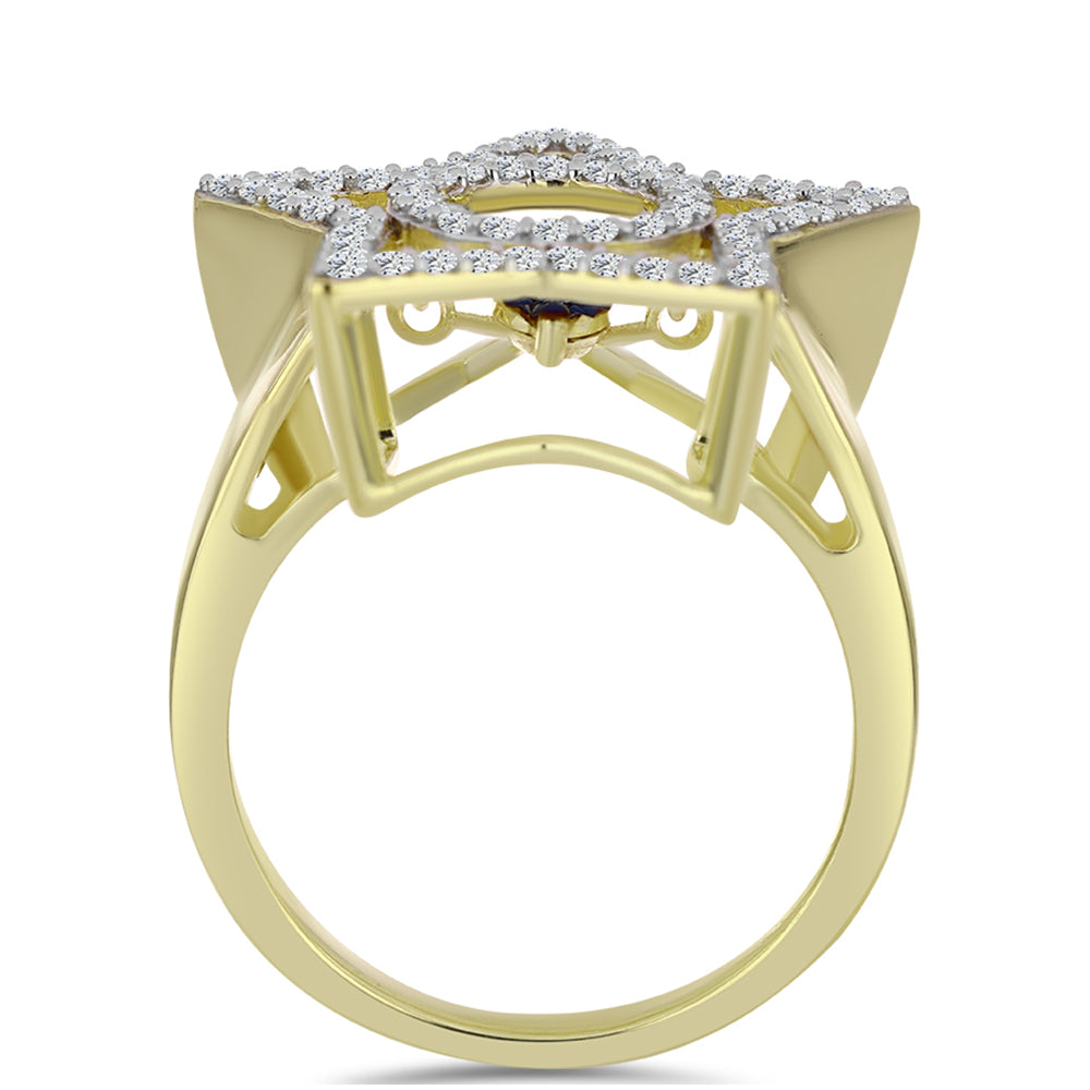 Anillo de Plata Bañada en Oro con Diamante azul danzante y Topacio Blanco 2 