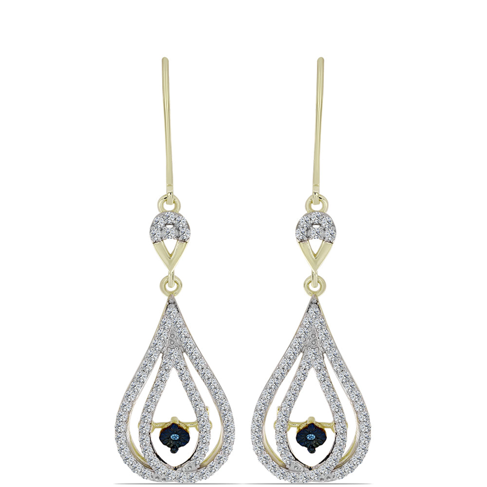 Pendientes de Plata Bañada en Oro con Diamante azul danzante y Topacio Blanco 3 
