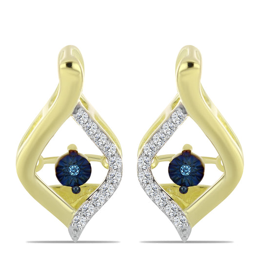 Pendientes de Plata Bañada en Oro con Diamante azul danzante y Topacio Blanco