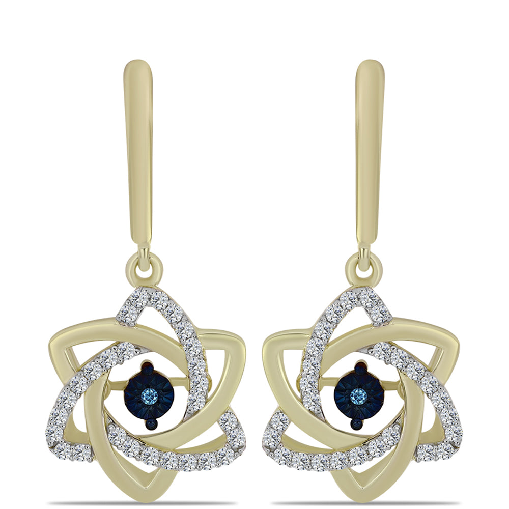 Pendientes de Plata Bañada en Oro con Diamante azul danzante y Topacio Blanco
