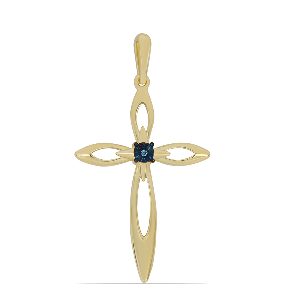 Cruz Colgante de Plata Bañada en Oro con Diamante azul danzante