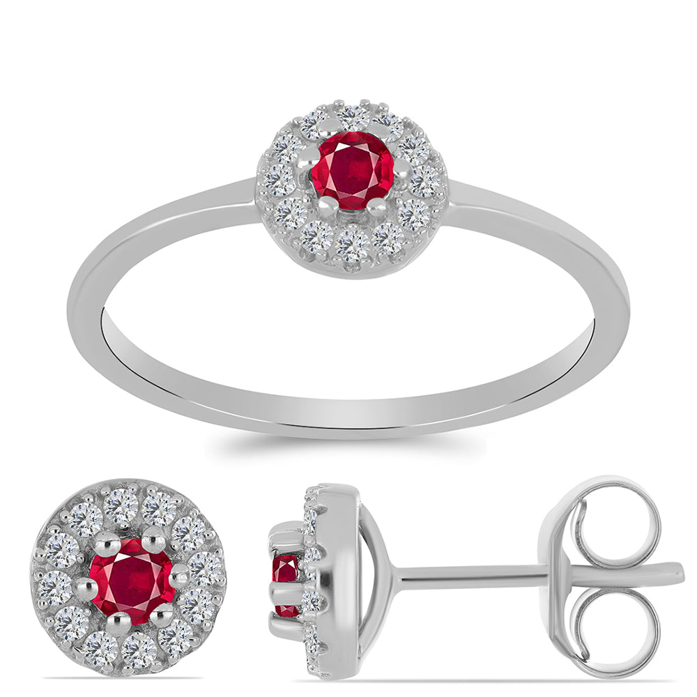 Conjunto de Plata con Rubí de Madagascar y Topacio Blanco ( Pendientes +Anillo ) 1 