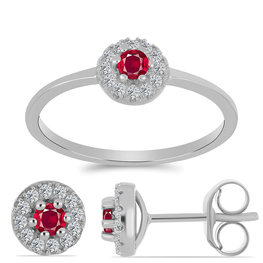 Conjunto de Plata con Rubí de Madagascar y Topacio Blanco ( Pendientes +Anillo )