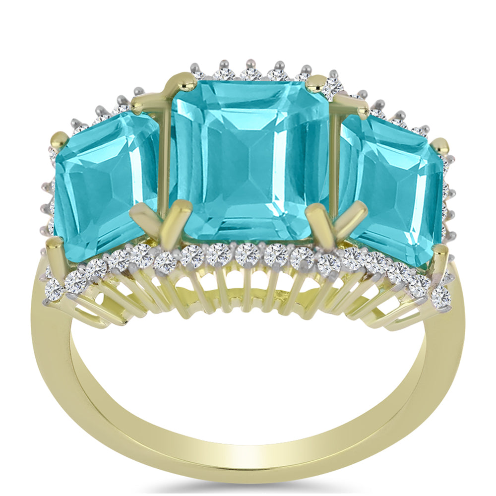 Anillo de Plata Bañada en Oro con Cuarzo Paraiba y Topacio Blanco 7 