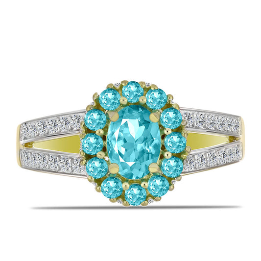 Anillo de Plata Bañada en Oro con Cuarzo Paraiba y Topacio Blanco