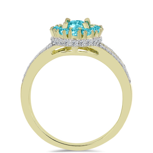 Anillo de Plata Bañada en Oro con Cuarzo Paraiba y Topacio Blanco