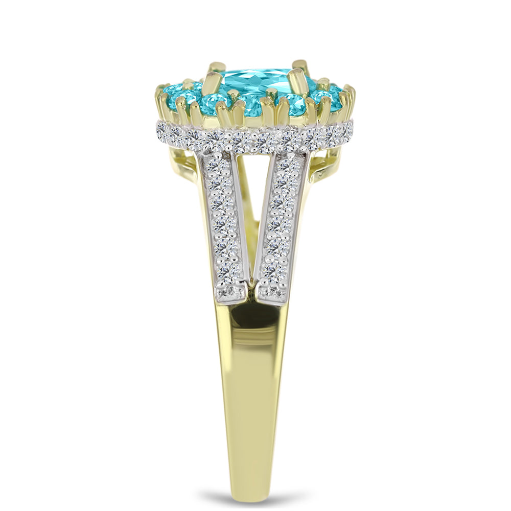Anillo de Plata Bañada en Oro con Cuarzo Paraiba y Topacio Blanco 4 