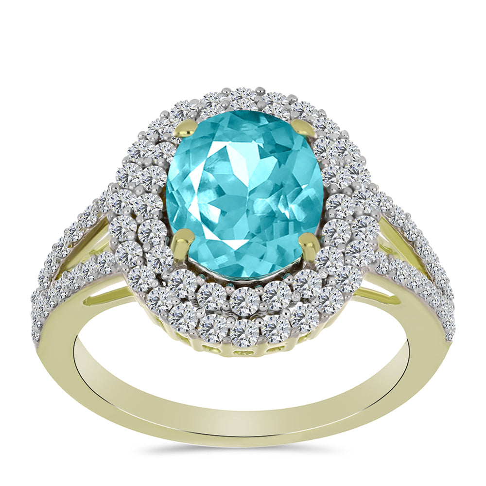 Anillo de Plata Bañada en Oro con Cuarzo Paraiba y Topacio Blanco 3 