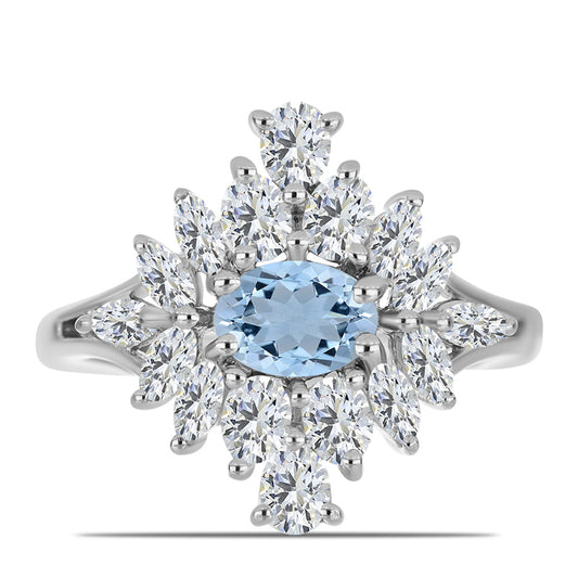 Anillo de Plata con Aguamarina del Condado de Embu y Topacio Blanco