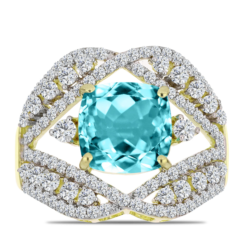 Anillo de Plata Bañada en Oro con Cuarzo Paraiba y Topacio Blanco