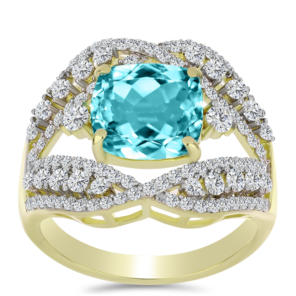 Anillo de Plata Bañada en Oro con Cuarzo Paraiba y Topacio Blanco