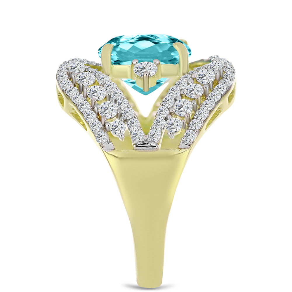 Anillo de Plata Bañada en Oro con Cuarzo Paraiba y Topacio Blanco 8 