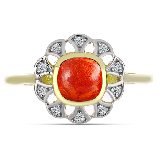 Anillo de Plata Bañada en Oro con Coral de Esponja Roja y Topacio Blanco