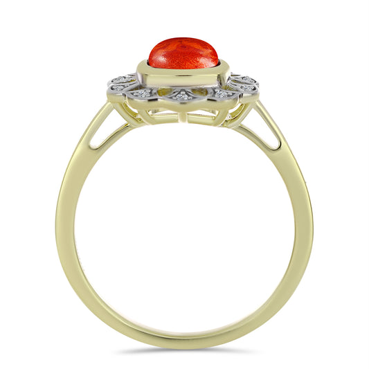 Anillo de Plata Bañada en Oro con Coral de Esponja Roja y Topacio Blanco