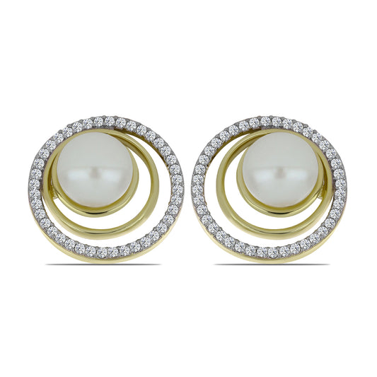 Pendientes de Plata Bañada en Oro con Perla blanca de agua dulce y Topacio Blanco