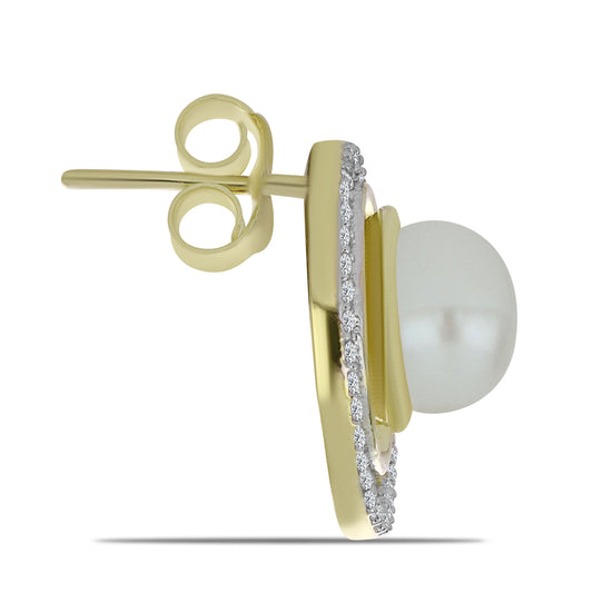 Pendientes de Plata Bañada en Oro con Perla blanca de agua dulce y Topacio Blanco