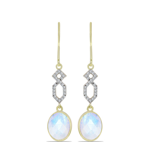 Pendientes de Plata Bañada en Oro con Piedra Lunar Arco Iris y Topacio Blanco