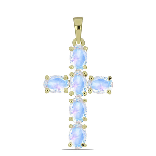 Cruz Colgante de Plata Bañada en Oro con Piedra Lunar Arco Iris