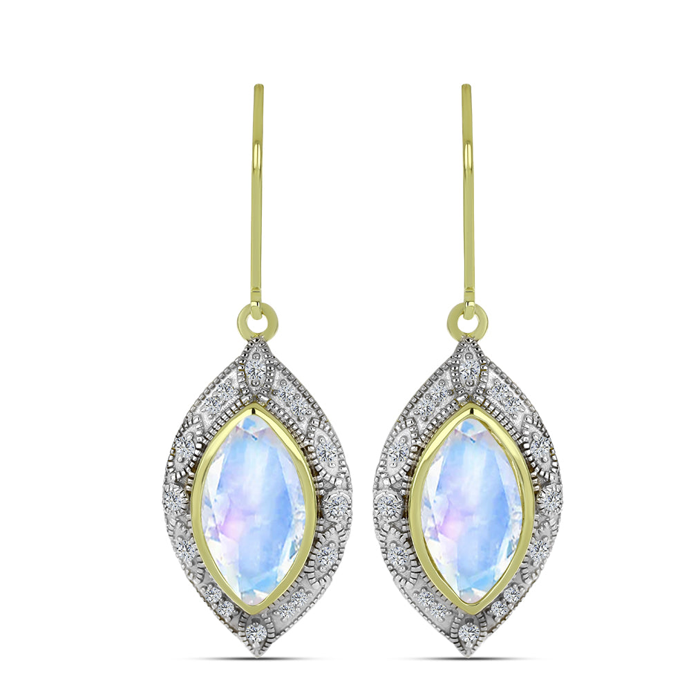 Pendientes de Plata Bañada en Oro con Piedra Lunar Arco Iris y Topacio Blanco 1 