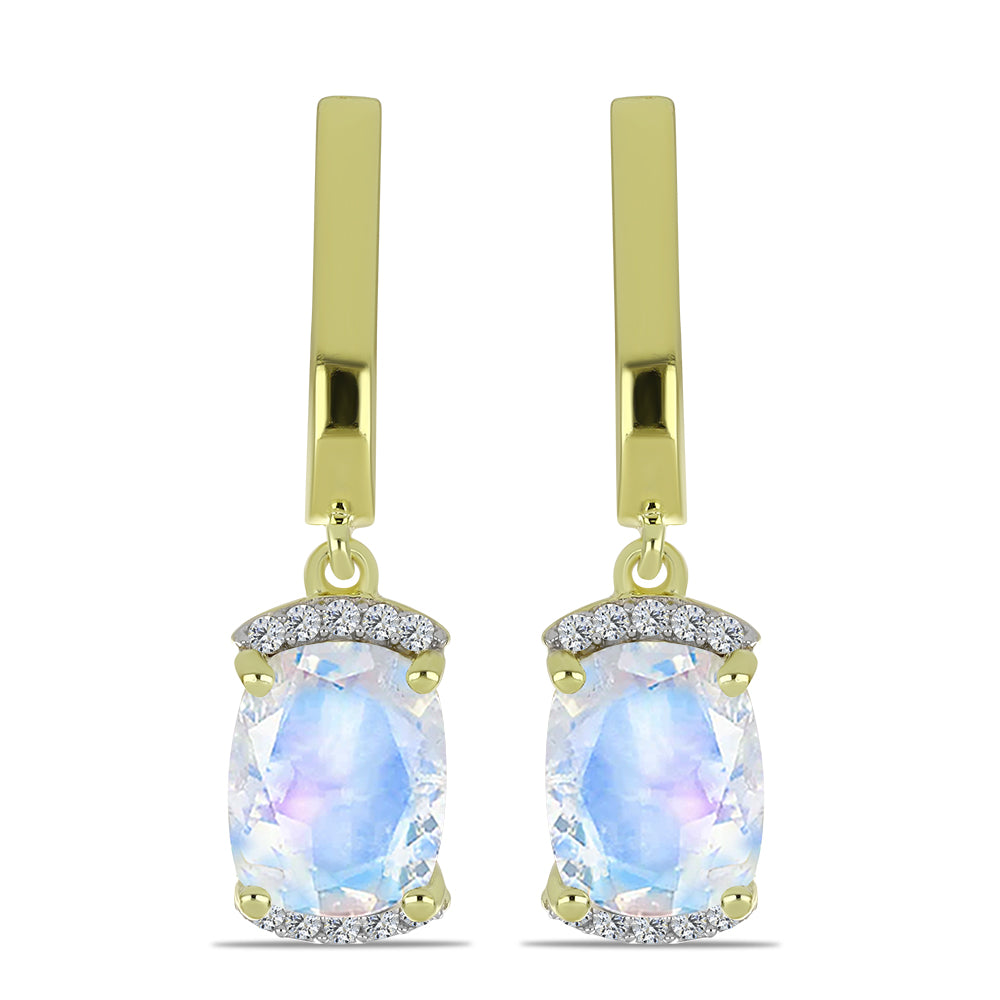 Pendientes de Plata Bañada en Oro con Piedra Lunar Arco Iris y Topacio Blanco