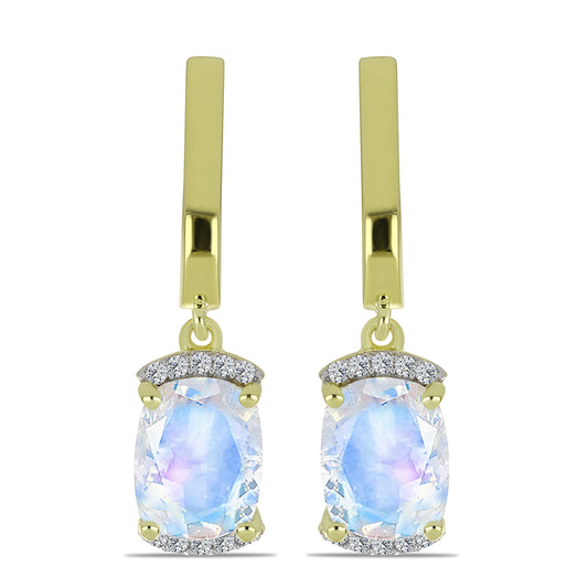 Pendientes de Plata Bañada en Oro con Piedra Lunar Arco Iris y Topacio Blanco