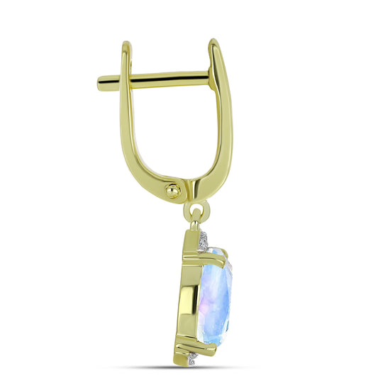 Pendientes de Plata Bañada en Oro con Piedra Lunar Arco Iris y Topacio Blanco