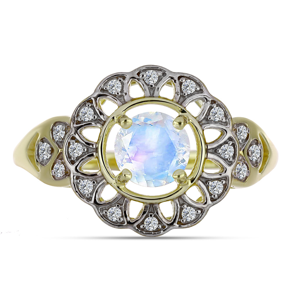 Anillo de Plata Bañada en Oro con Piedra Lunar Arco Iris y Topacio Blanco