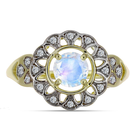 Anillo de Plata Bañada en Oro con Piedra Lunar Arco Iris y Topacio Blanco