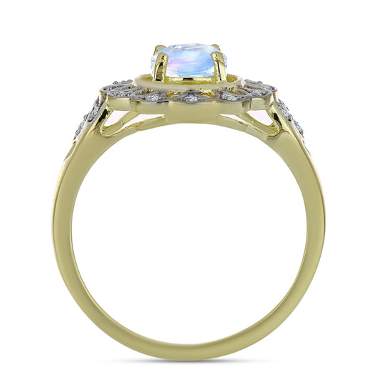 Anillo de Plata Bañada en Oro con Piedra Lunar Arco Iris y Topacio Blanco