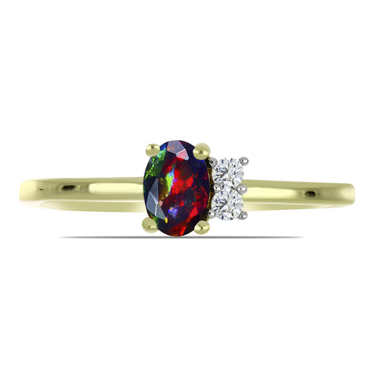 Anillo de Plata Bañada en Oro con Ópalo negro medianoche Lega Dembi de Ëtiopía y Topacio Blanco