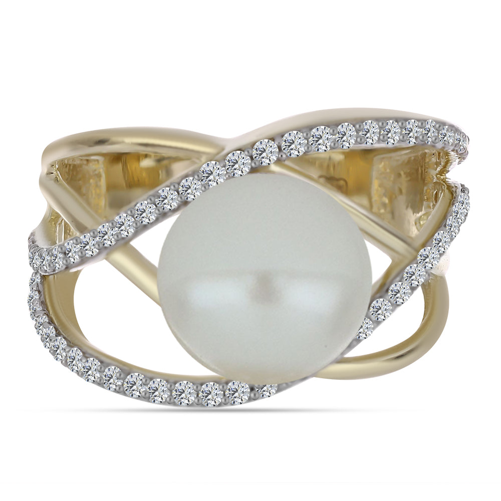 Anillo de Plata Bañada en Oro con Perla blanca de agua dulce y Topacio Blanco 1 