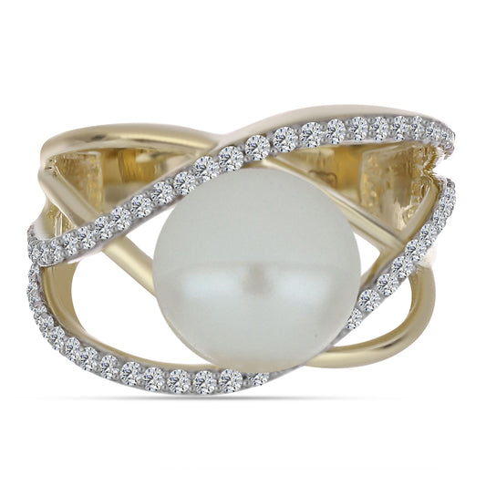Anillo de Plata Bañada en Oro con Perla blanca de agua dulce y Topacio Blanco