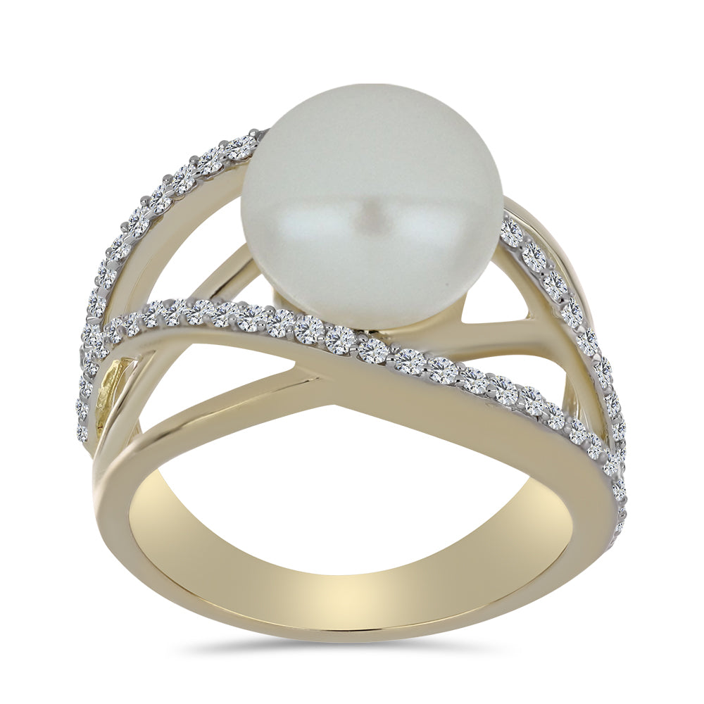 Anillo de Plata Bañada en Oro con Perla blanca de agua dulce y Topacio Blanco 3 