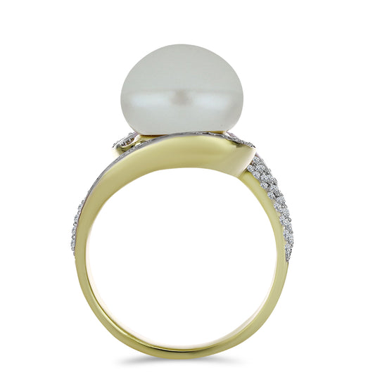 Anillo de Plata Bañada en Oro con Perla blanca de agua dulce y Topacio Blanco