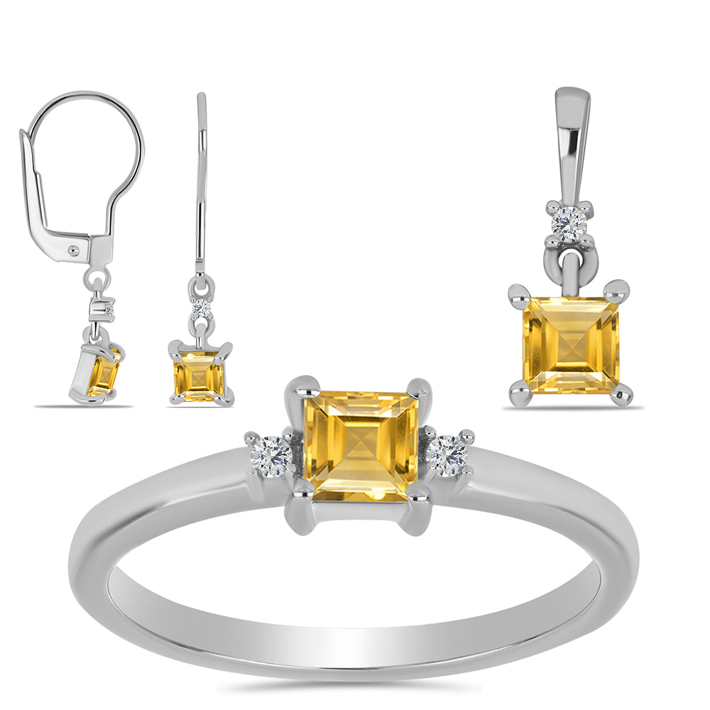 Conjunto de Plata con Citrino de los Montes Urales y Topacio Blanco ( Pendientes +Anillo +Colgante ) 1 