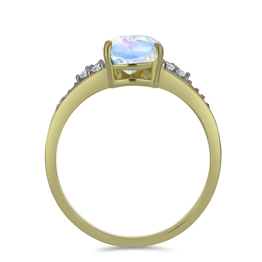 Anillo de Plata Bañada en Oro con Piedra Lunar Arco Iris y Topacio Blanco