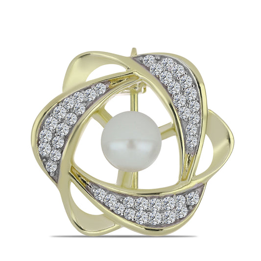 Broche de Plata Bañada en Oro con Perla blanca de agua dulce y Topacio Blanco