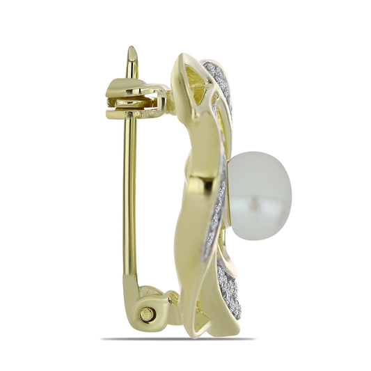 Broche de Plata Bañada en Oro con Perla blanca de agua dulce y Topacio Blanco