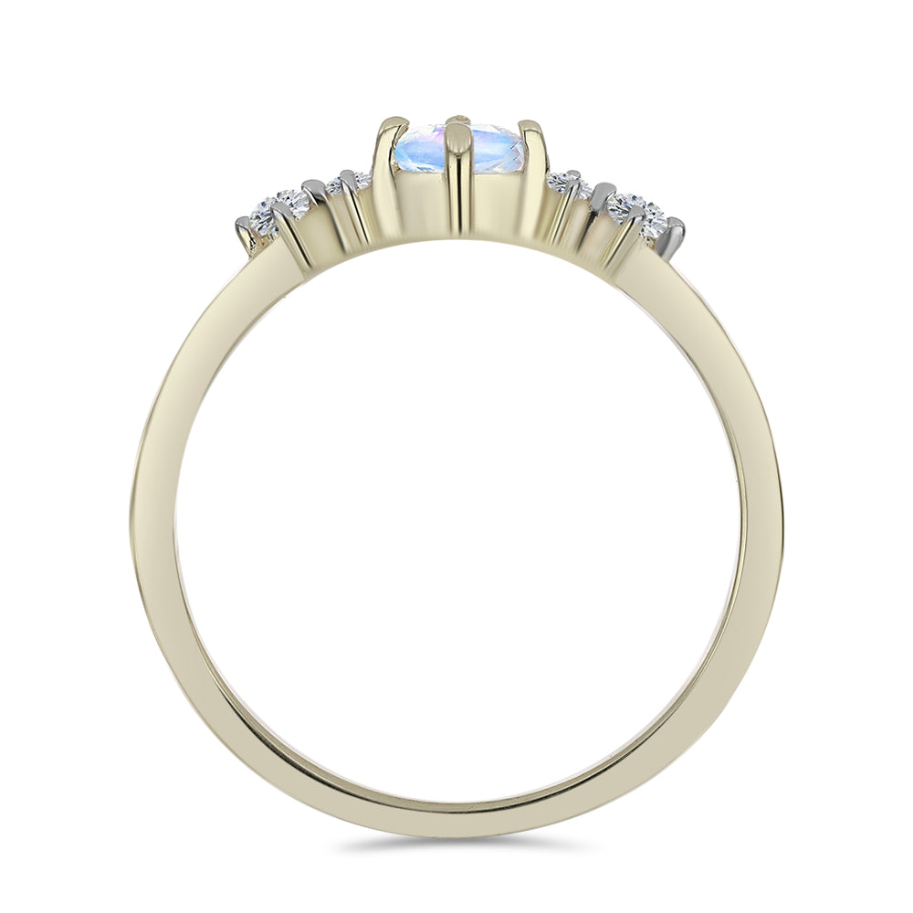 Anillo de Plata Bañada en Oro con Piedra Lunar Arco Iris y Topacio Blanco