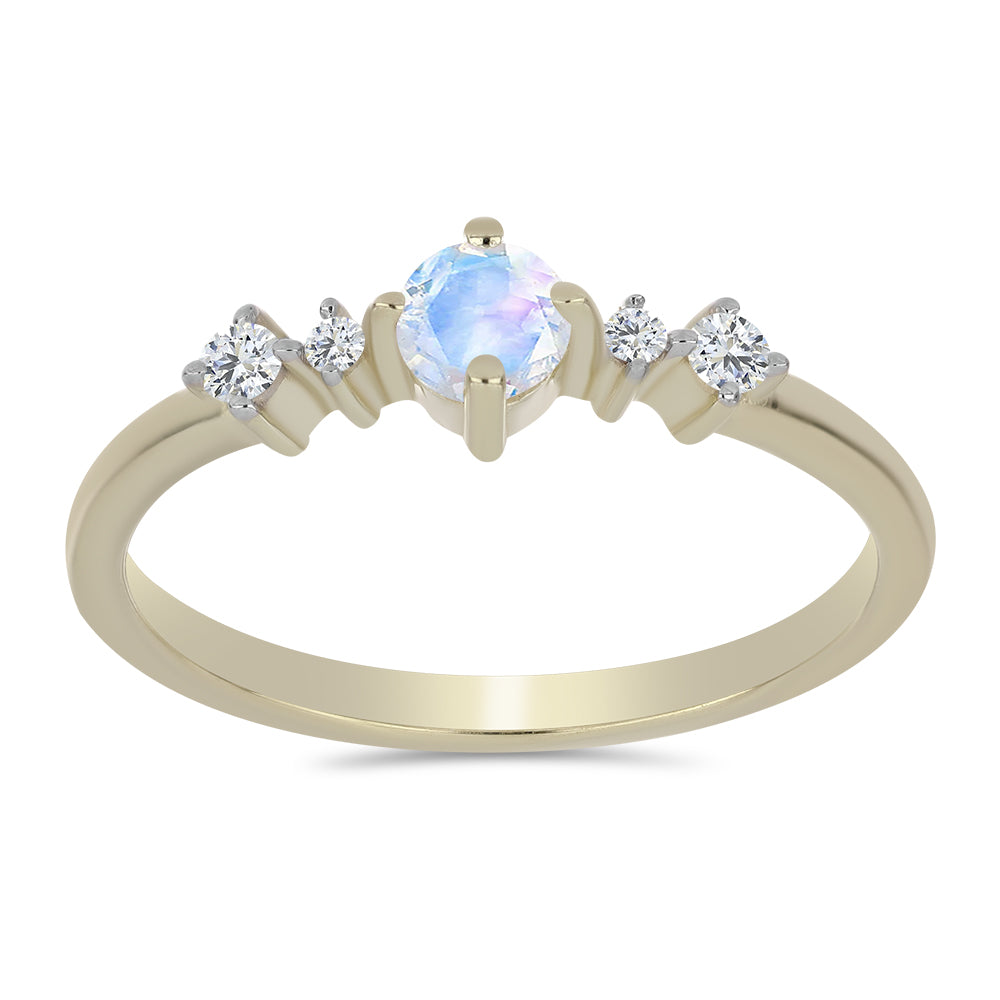 Anillo de Plata Bañada en Oro con Piedra Lunar Arco Iris y Topacio Blanco