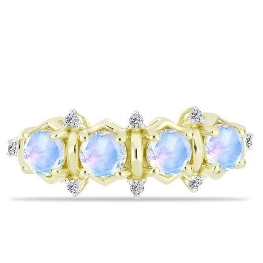 Anillo de Plata Bañada en Oro con Piedra Lunar Arco Iris y Topacio Blanco