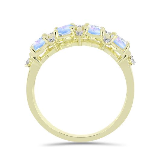 Anillo de Plata Bañada en Oro con Piedra Lunar Arco Iris y Topacio Blanco