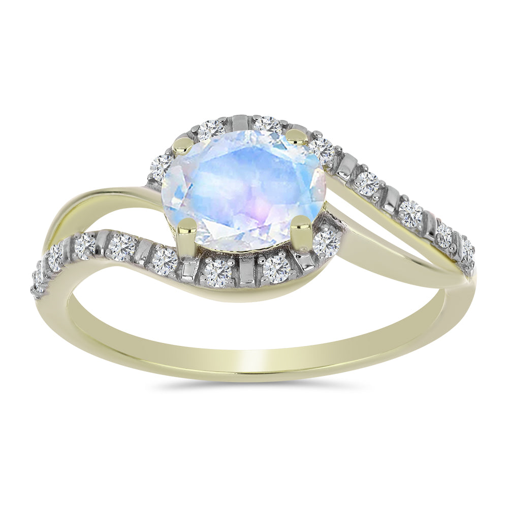 Anillo de Plata Bañada en Oro con Piedra Lunar Arco Iris y Topacio Blanco